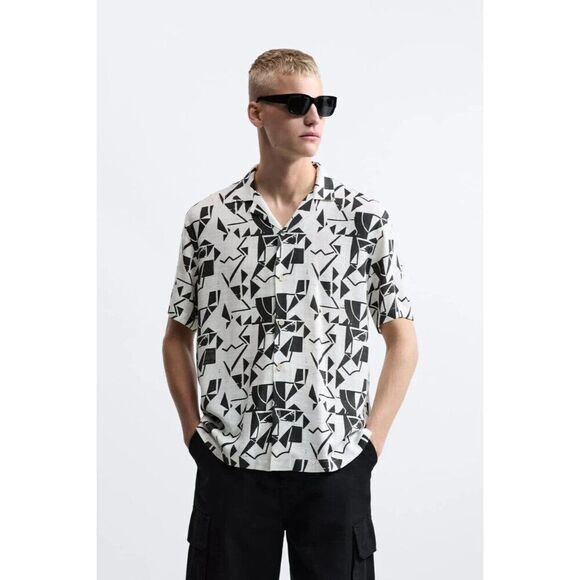 Zara Mens Shirt Size S White Black Geometric Graphic Button Up 4570/410 NWT - Picture 1 of 8